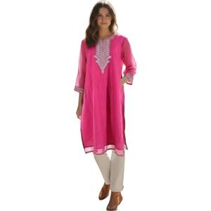 NWT Pantaloons Pink Embroidered Kurta Tunic Dress Modal Blnd L Boho Ethnic‎